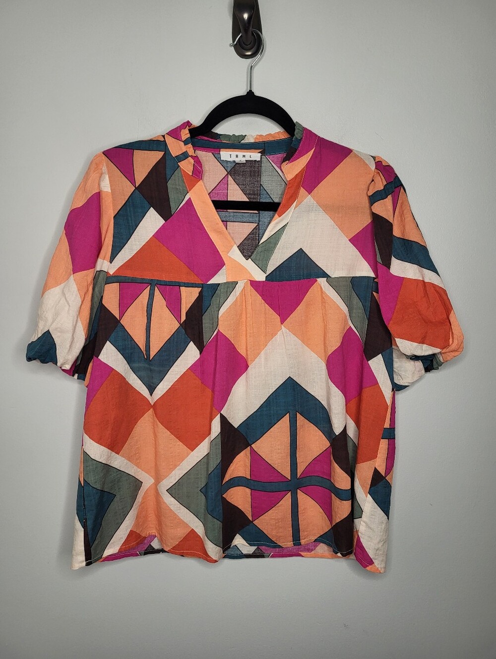 THML Geometric Puff Sleeve Blouse Size Small Colorful Boutique Top